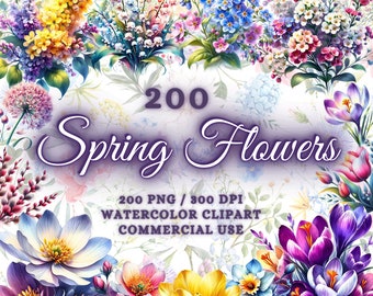 200 Watercolor Spring Flowers Clipart Bundle, Spring Wildflowers Png Bundle, Flower Bouquet Png, Wildflower Clipart, Watercolor Garden Png