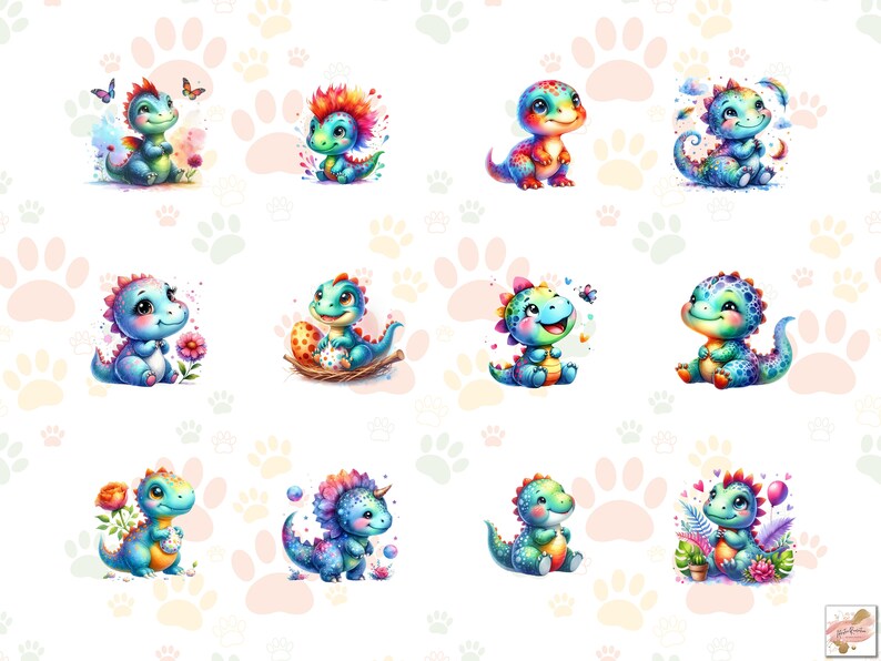 Puede incluir: Un conjunto de diez ilustraciones de dinosaurios de estilo de dibujos animados de colores. Cada dinosaurio se representa en una pose diferente y con diferentes accesorios, como flores, huevos y globos. Los dinosaurios son todos de colores brillantes y tienen un estilo caprichoso y juguet&oacute;n.