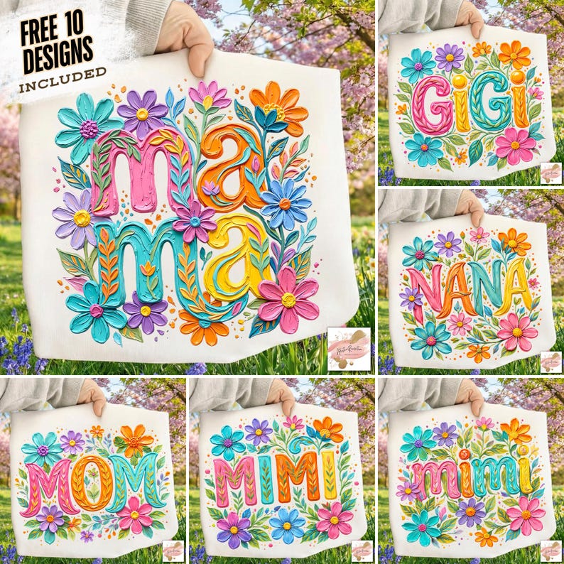 K&ouml;nnte beinhalten: Wei&szlig;e Tragetaschen mit floralen Designs und Text. Eine Tasche zeigt "MAMA" in bunten Buchstaben, umgeben von Blumen. Andere Taschen zeigen "GIGI", "NANA", "MOM" und "MIMI" in floralen Mustern. Der Text "FREE 10 DESIGNS INCLUDED" ist sichtbar.