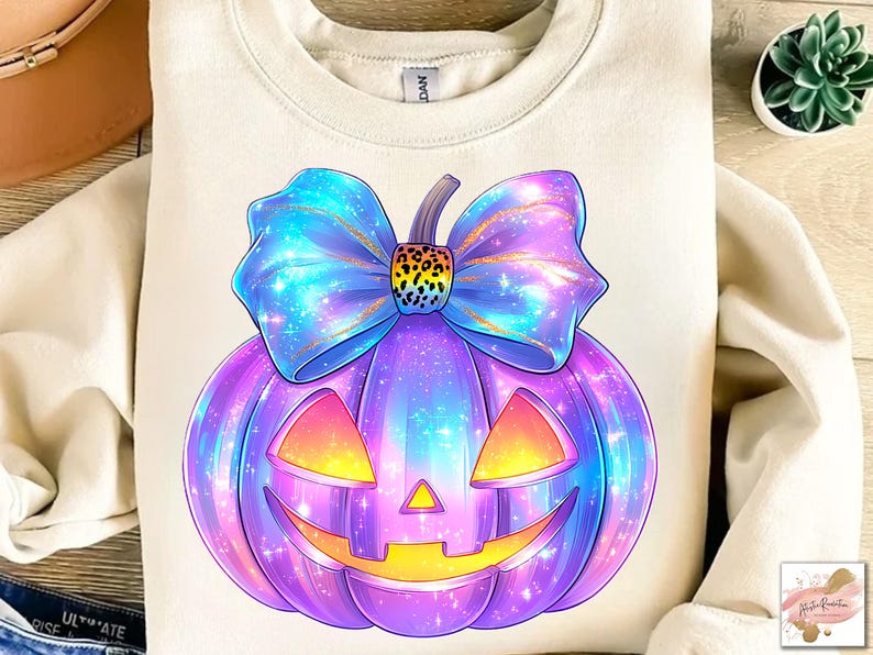 May include: A cream-colored sweatshirt featuring a vibrant, cartoon-style pumpkin design. The pumpkin is purple with a smiling jack-o'-lantern face and a large, blue bow. The bow has a leopard print center and a galaxy-like pattern.