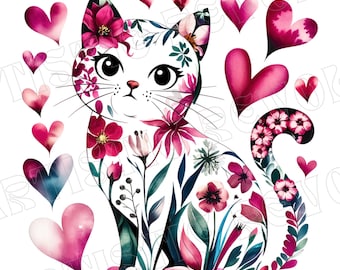Watercolor Floral Valentine Cat Png Valentine PNG Heart Love Cat Valentine Png Trendy Valentine Png Cat Lover Png Cupid Cat Sublimation Png