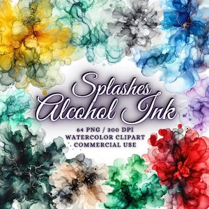 Op de afbeelding: Een verzameling van 64 digitale aquarel-clipart afbeeldingen van alcohol inkt spatten in verschillende kleuren, waaronder geel, blauw, groen, rood en paars. De afbeeldingen zijn hoge resolutie, 300 DPI, en perfect voor commercieel gebruik.