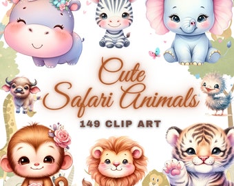 Watercolor Safari Animals PNG Bundle - 149 Whimsical Baby Animal Clipart for Nursery Decor Baby Shower Birthday Sublimation Commercial Use