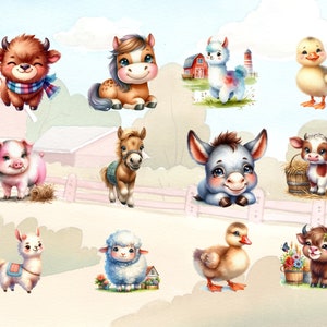 May include: A collection of cute cartoon farm animals, including a pig, cow, duck, llama, sheep, donkey, horse, and a bull. The animals are all in a cartoon style and have bright colors.