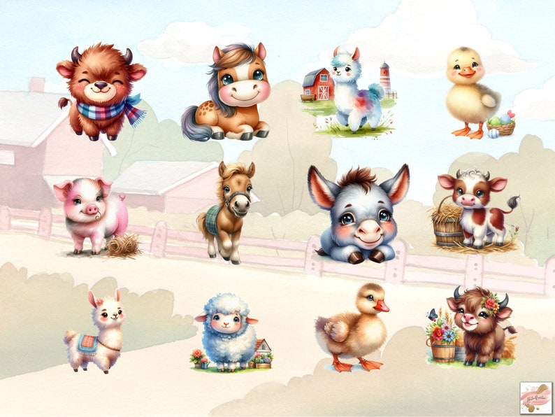 May include: A collection of cute cartoon farm animals, including a pig, cow, duck, llama, sheep, donkey, horse, and a bull. The animals are all in a cartoon style and have bright colors.