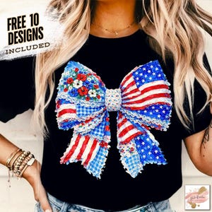 May include: Black t-shirt featuring a large, patriotic bow design. The bow incorporates the American flag with red and white stripes, blue stars, and floral accents. The text "FREE 10 DESIGNS INCLUDED" is in the upper left corner.