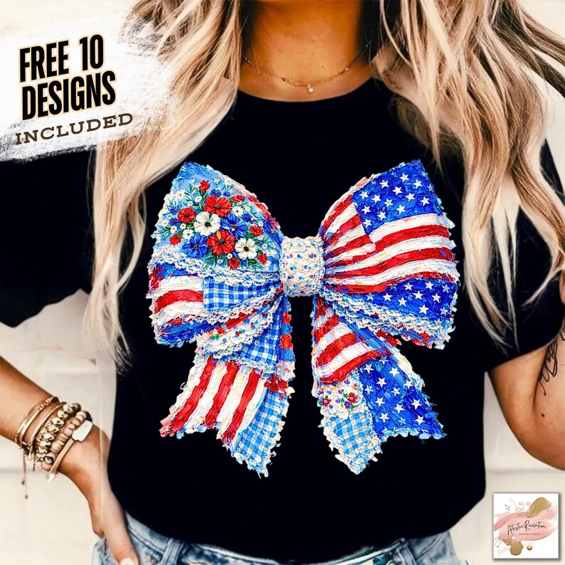 May include: Black t-shirt featuring a large, patriotic bow design. The bow incorporates the American flag with red and white stripes, blue stars, and floral accents. The text "FREE 10 DESIGNS INCLUDED" is in the upper left corner.
