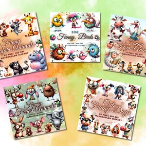 May include: A collection of watercolor clipart sets featuring cartoon animals. The sets include "Funny Safari Animals", "Funny Birds", "Funny Farm Animals", "Funny Forest Animals", and "Funny Dogs". Each set includes multiple PNG images at 300 DPI.