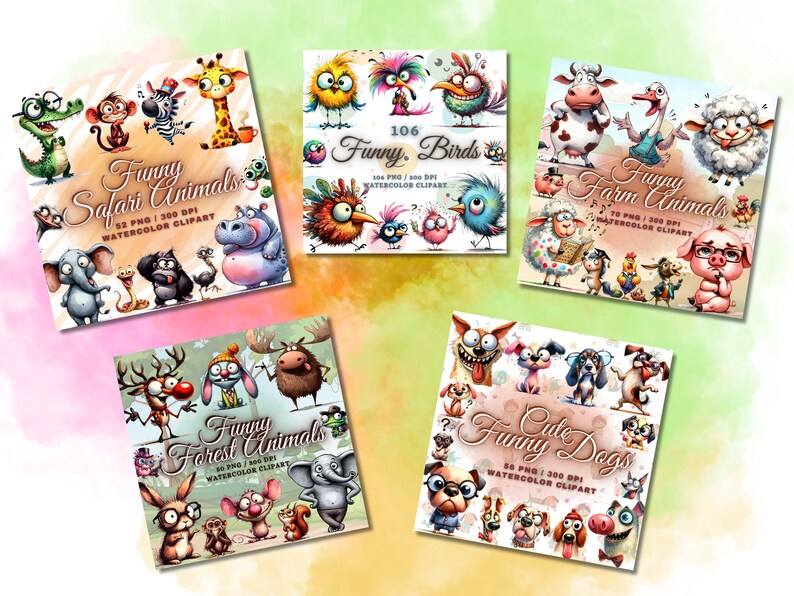 May include: A collection of watercolor clipart sets featuring cartoon animals. The sets include "Funny Safari Animals", "Funny Birds", "Funny Farm Animals", "Funny Forest Animals", and "Funny Dogs". Each set includes multiple PNG images at 300 DPI.