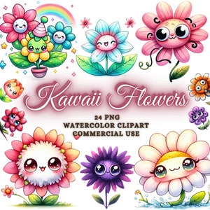 Paquete de 24 imágenes prediseñadas de flores Kawaii de acuarela, Lindo paquete de Png de flores Kawaii, Sublimación de flores de acuarela, Flores de dibujos animados, Girasol margarita