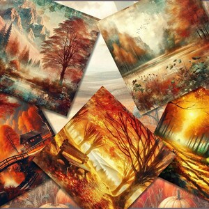 Op de afbeelding: Een verzameling van vijf vierkante kunstprints met herfstlandschappen. Het kunstwerk toont levendige kleuren van oranje, rood en geel, met bomen, bruggen en waterpartijen. Het algemene thema is een warm, uitnodigend herfstseizoen.