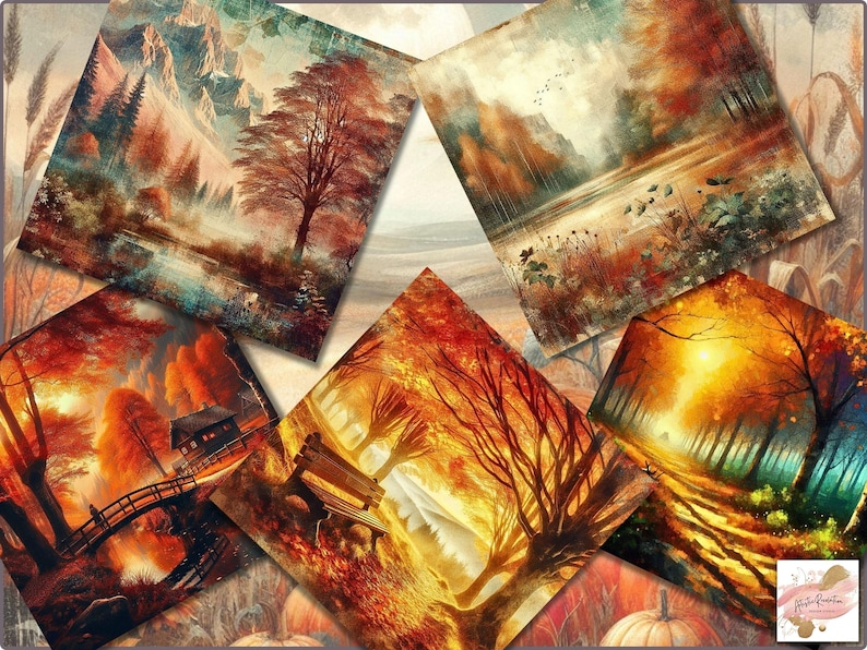 Op de afbeelding: Een verzameling van vijf vierkante kunstprints met herfstlandschappen. Het kunstwerk toont levendige kleuren van oranje, rood en geel, met bomen, bruggen en waterpartijen. Het algemene thema is een warm, uitnodigend herfstseizoen.