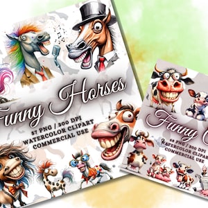 May include: Two digital art prints featuring watercolor clipart of funny horses and cows. The "Funny Horses" print includes various cartoon horses with exaggerated expressions. The "Funny Cows" print showcases humorous cow illustrations.