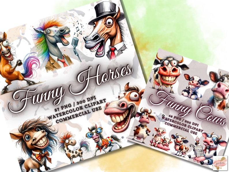 May include: Two digital art prints featuring watercolor clipart of funny horses and cows. The "Funny Horses" print includes various cartoon horses with exaggerated expressions. The "Funny Cows" print showcases humorous cow illustrations.