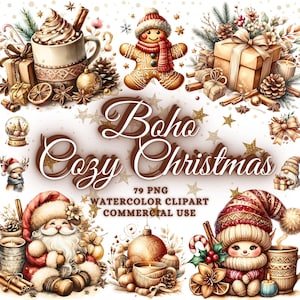 Watercolor Christmas Clipart Bundle, Cozy Christmas Clipart, Boho Christmas PNG Bundle, Cozy Ornaments Clipart, Christmas Wreath, Stocking