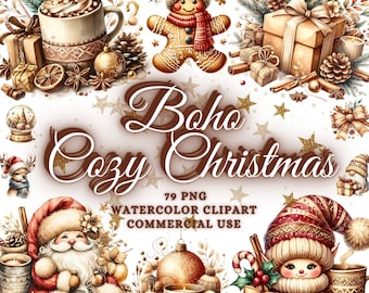 Watercolor Christmas Clipart Bundle, Cozy Christmas Clipart, Boho Christmas PNG Bundle, Cozy Ornaments Clipart, Christmas Wreath, Stocking