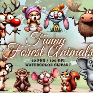May include: A set of 50 watercolour clipart images of funny forest animals. The animals include a deer, bear, rabbit, moose, hedgehog, frog, elephant, monkey, mouse, and squirrel. The images are perfect for adding a touch of whimsy to your projects.
