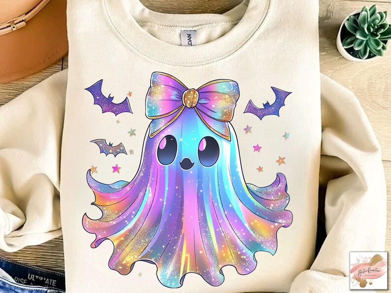 Op de afbeelding: Cr&egrave;mekleurige sweatshirt met een kleurrijk spookontwerp. Het spook heeft een grote strik, vleermuis- en steraccenten en een regenboogkleurig lichaam. Een grillig ontwerp voor Halloween.