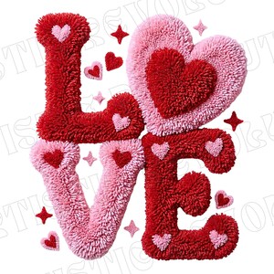 May include: A Valentine's Day themed design spelling out "LOVE" in red and pink fluffy letters. The "O" is a heart shape, and small hearts and star shapes are scattered around the letters. The design is on a white background.