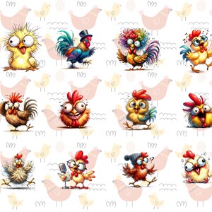 May include: A repeating pattern featuring cartoon chickens in various poses and expressions. The chickens are yellow, red, and brown, with exaggerated features. The background includes pink hen silhouettes and white wavy lines.
