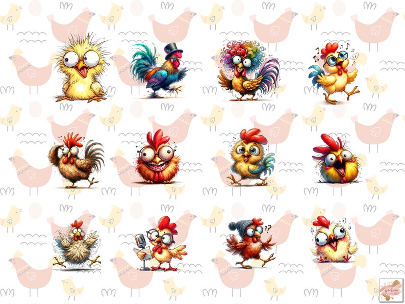 May include: A repeating pattern featuring cartoon chickens in various poses and expressions. The chickens are yellow, red, and brown, with exaggerated features. The background includes pink hen silhouettes and white wavy lines.