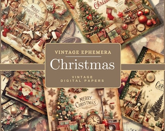 May include: Vintage Christmas digital paper pack with four different designs featuring a variety of Christmas imagery, including a clock, a Christmas tree, presents, and a Santa Claus figure. The papers are in a warm color palette with shades of brown, red, and green.