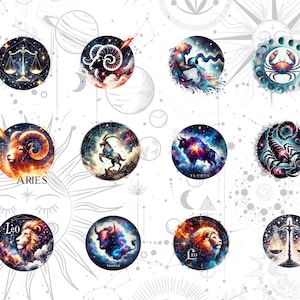 May include: A collection of watercolor zodiac illustrations. Each circular design features a zodiac symbol, such as a ram for Aries, a lion for Leo, and a scorpion for Scorpio, set against a cosmic background with stars and planets.