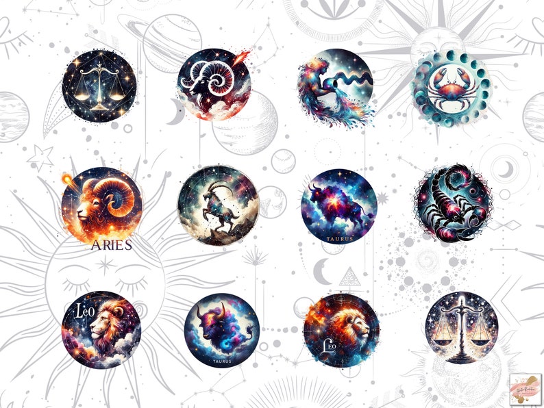 May include: A collection of watercolor zodiac illustrations. Each circular design features a zodiac symbol, such as a ram for Aries, a lion for Leo, and a scorpion for Scorpio, set against a cosmic background with stars and planets.