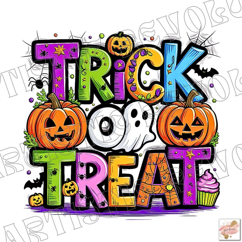 May include: A colorful graphic design featuring the text TRICK OR TREAT in bold, multi-colored letters. The image includes two orange jack-o'-lanterns, a white ghost, a cupcake, spiders, spiderwebs, and bats on a white background.