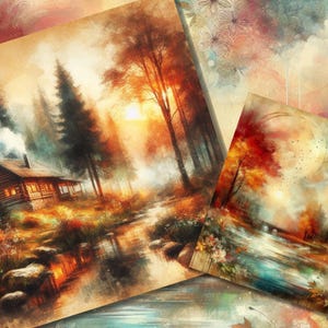 Op de afbeelding: Twee kunstdrukken met aquarel landschapsschilderijen. E&eacute;n toont een hut in een bos bij zonsondergang, de andere een rivierlandschap met herfstbladeren. Het kleurenpalet omvat warme tinten oranje, rood en blauw.