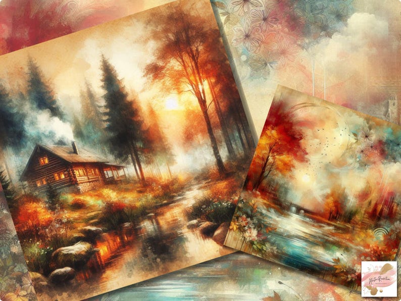 Op de afbeelding: Twee kunstdrukken met aquarel landschapsschilderijen. E&eacute;n toont een hut in een bos bij zonsondergang, de andere een rivierlandschap met herfstbladeren. Het kleurenpalet omvat warme tinten oranje, rood en blauw.