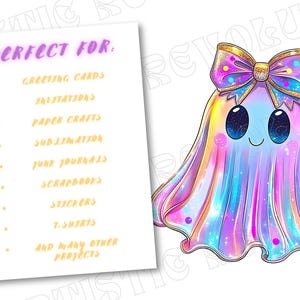 Op de afbeelding: Een kleurrijk cartoon spook met een strik en een lijst met projectidee&euml;n. Het spook is een mix van blauw, roze en geel. De strik is goudkleurig met roze en blauwe stippen. De lijst bevat wenskaarten, uitnodigingen en stickers.