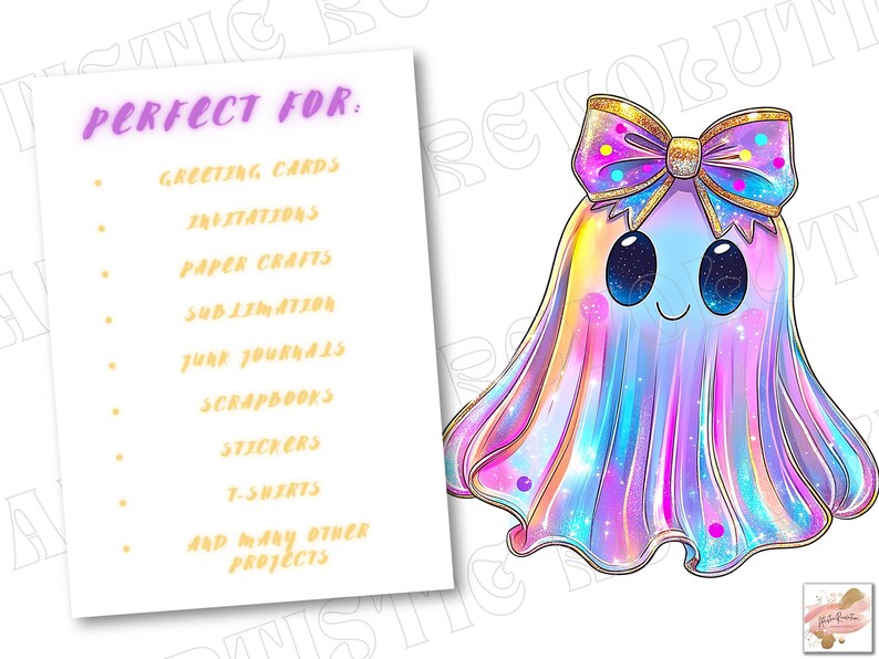 Op de afbeelding: Een kleurrijk cartoon spook met een strik en een lijst met projectidee&euml;n. Het spook is een mix van blauw, roze en geel. De strik is goudkleurig met roze en blauwe stippen. De lijst bevat wenskaarten, uitnodigingen en stickers.