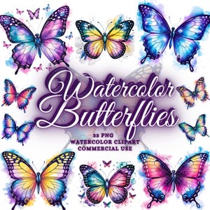 Paquete de 33 imágenes prediseñadas de mariposas de acuarela, mariposas con salpicaduras de color, mariposas coloridas, mariposas lindas, mariposas botánicas