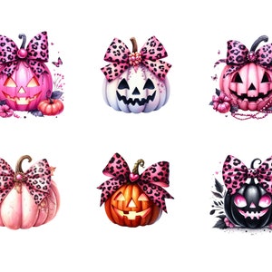 May include: Six Halloween pumpkins with pink and black leopard print bows. The pumpkins are various shades of pink, white, orange, and black.