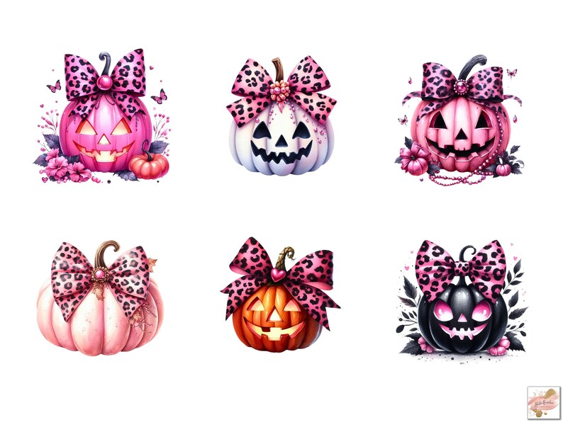May include: Six Halloween pumpkins with pink and black leopard print bows. The pumpkins are various shades of pink, white, orange, and black.