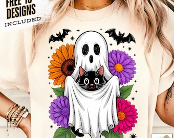 Retro Halloween-spöke och katt png, läskigt spöke png, preppy blommig Halloween-png, bu Halloween-png, rolig Halloween, svart katt-pumpa-png