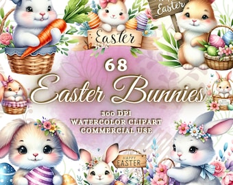 68 Watercolor Easter Bunny Clipart Bundle, Easter Bunny Png, Easter Clipart Bundle, Easter Png Bundle, Watercolor Bunnies, Spring Clipart