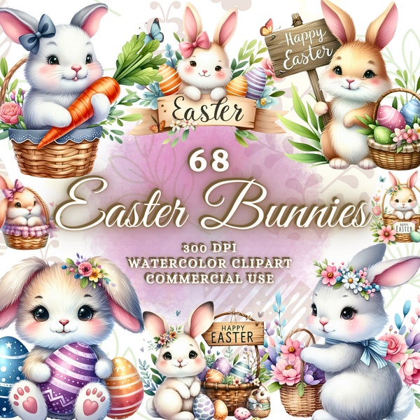 68 Watercolor Easter Bunny Clipart Bundle, Easter Bunny Png, Easter Clipart Bundle, Easter Png Bundle, Watercolor Bunnies, Spring Clipart