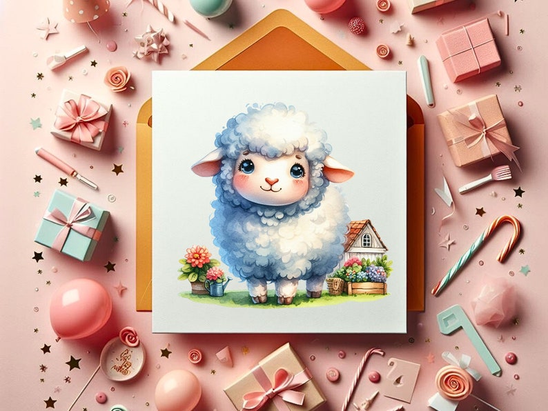 May include: A white card with a cute cartoon illustration of a fluffy white sheep with blue eyes. The sheep is standing in a grassy field with flowers and a small house. The card is surrounded by pink and white decorations, including wrapped gifts, candy canes, and balloons.