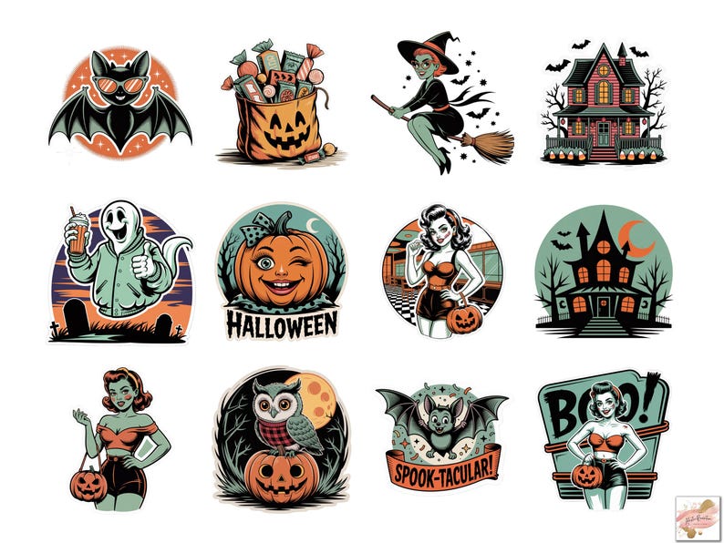 65 Vintage Halloween Stickers Clipart Bundle, Cute Halloween PNG Bundle ...