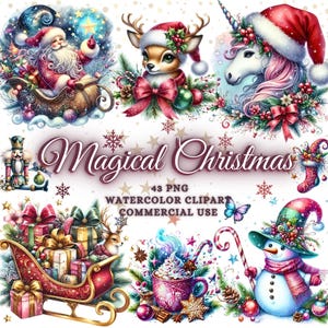 水彩クリスマス クリップアート バンドル、魔法のクリスマス クリップアート、おとぎ話のクリスマス PNG バンドル、お祭りのおとぎ話のクリップアート、クリスマス ステッカー