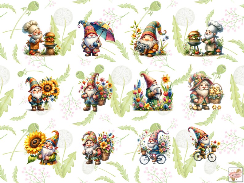 115 Watercolor Spring Garden Gnomes Clipart Bundle, Cute Gnomes Png ...