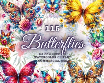 115 Watercolor Butterflies Clipart Bundle, Floral Butterflies Clipart, Colorful Butterflies Png, Cute Butterflies, Botanical Butterflies Png