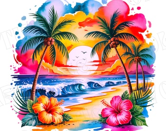 Summer Png, Beach Png, Palm Trees Png, Hibiscus Flowers Png, Beach Sunset Png, Sublimation Design, T-Shirt Design, Tropical Png, Summer DTF