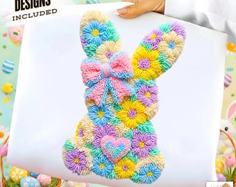 Faux Yarn Easter Png, Latch Hook Easter Bunny Png, Crochet Coquette Bow Bunny Png, Preppy Easter Png, Faux Embroidery Easter Png