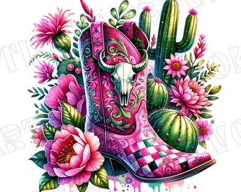 Watercolor cowgirl boot and flowers png, Western flower png, retro western png, western boot png floral png Western shirt floral sublimation