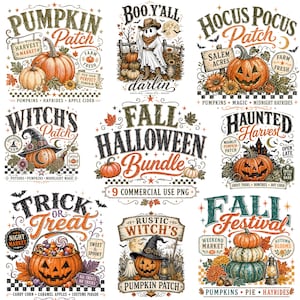 May include: A digital collection of nine Halloween and fall-themed graphic designs featuring pumpkins, jack-o'-lanterns, witches' hats, ghosts, and festive text like Pumpkin Patch, Hocus Pocus, Trick or Treat, and Fall Halloween Bundle.