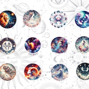 May include: A collection of round zodiac art prints featuring colorful illustrations of each astrological sign. The signs include Leo, Virgo, Gemini, Taurus, Pisces, Cancer, Aries, and others. Each design is set against a starry background.