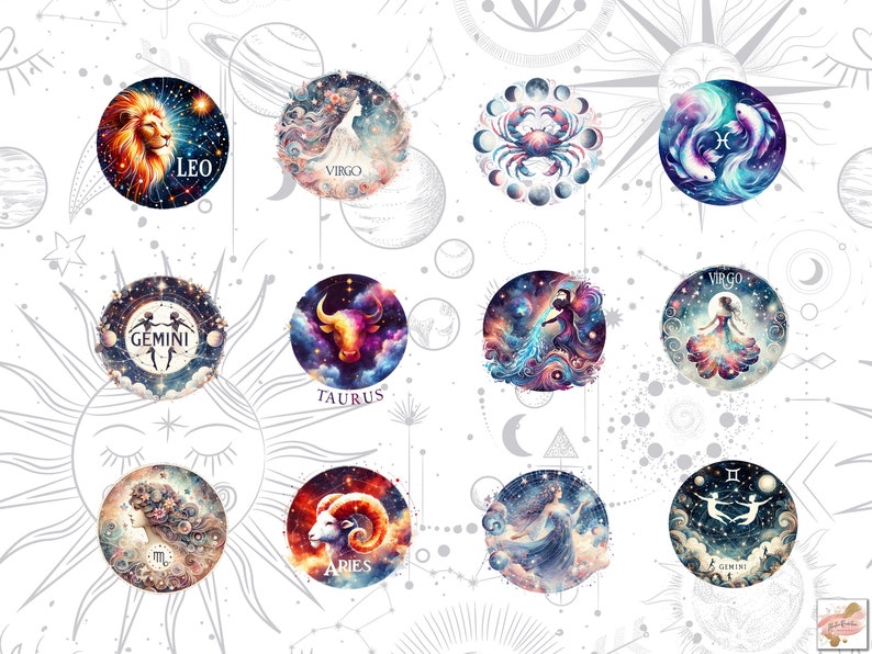 May include: A collection of round zodiac art prints featuring colorful illustrations of each astrological sign. The signs include Leo, Virgo, Gemini, Taurus, Pisces, Cancer, Aries, and others. Each design is set against a starry background.